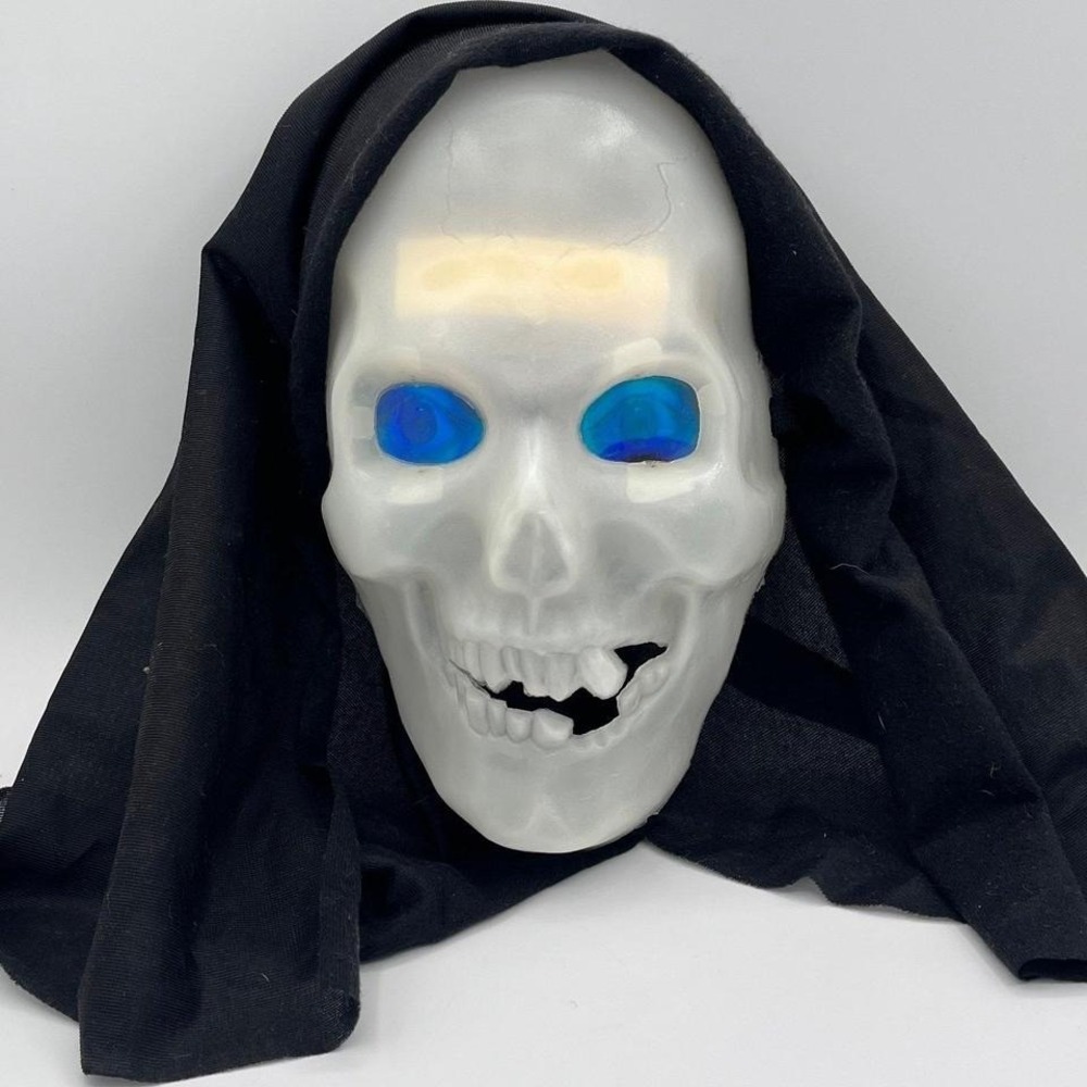 Vintage Light-Up Skull Mask with Blue Eyes & Black Hood – Halloween Costume Prop